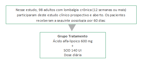 Foram avaliados os escores do Roland Morris Disability Questionnaireand Pain Rating Scale, o uso de medicações analgésicas concomitantes e os efeitos adversos que ocorreram ao longo do tratamento da lombalgia.