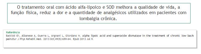 A suplementação com antioxidantes pode ser uma boa estratégia no manejo da dor em pacientes com lombalgia crônica.